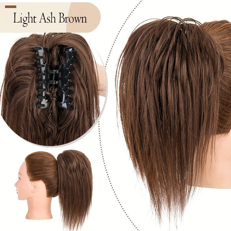 Ponytail Extension 12in/30cm Short Claw Clip On Pony Tails Hair Extensions For Women Girls Synthetic Highlight Soft Fully Natural Straight Bun Hair Piece Fake Ponytails Hairpiece Fluffy Chignon Daily Use