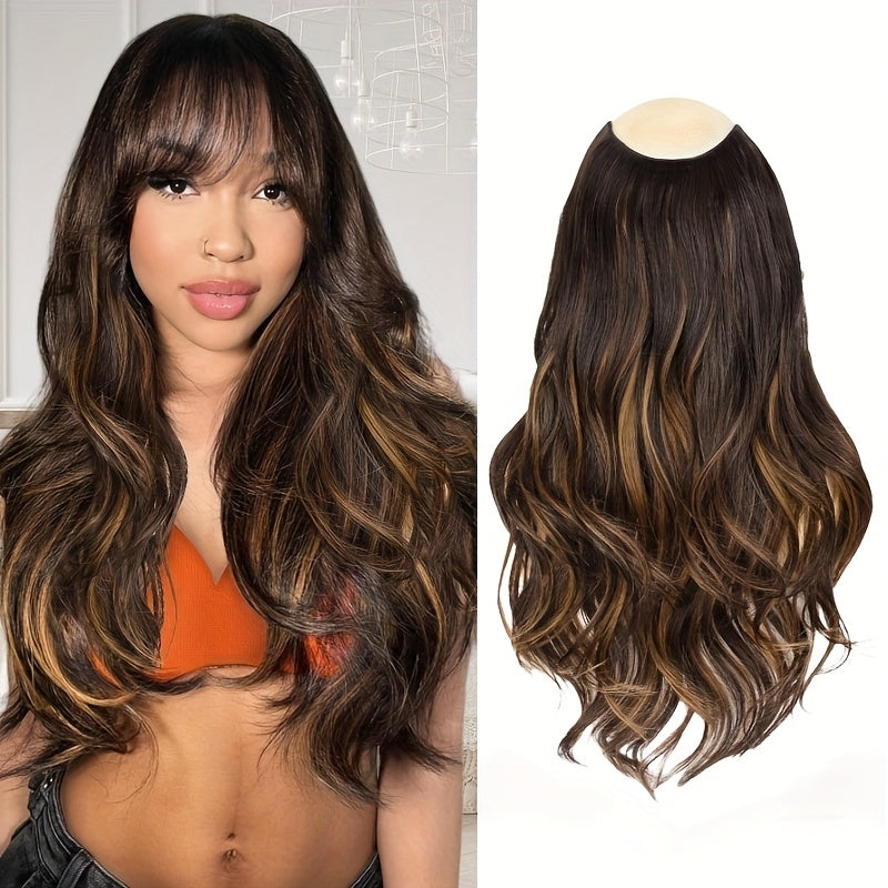 Elegant 20-Inch V-Shaped Clip-On Wig for Women - Long Curly Wavy Hairpiece with 4 Hidden Clips, Natural Look, Multiple Colors (Beige, Brown, Black) - Perfect for Daily Wear & Special Occasions, Versatile Hairpiece, Sleek Hairpiece, Secure Fit Hairpiece