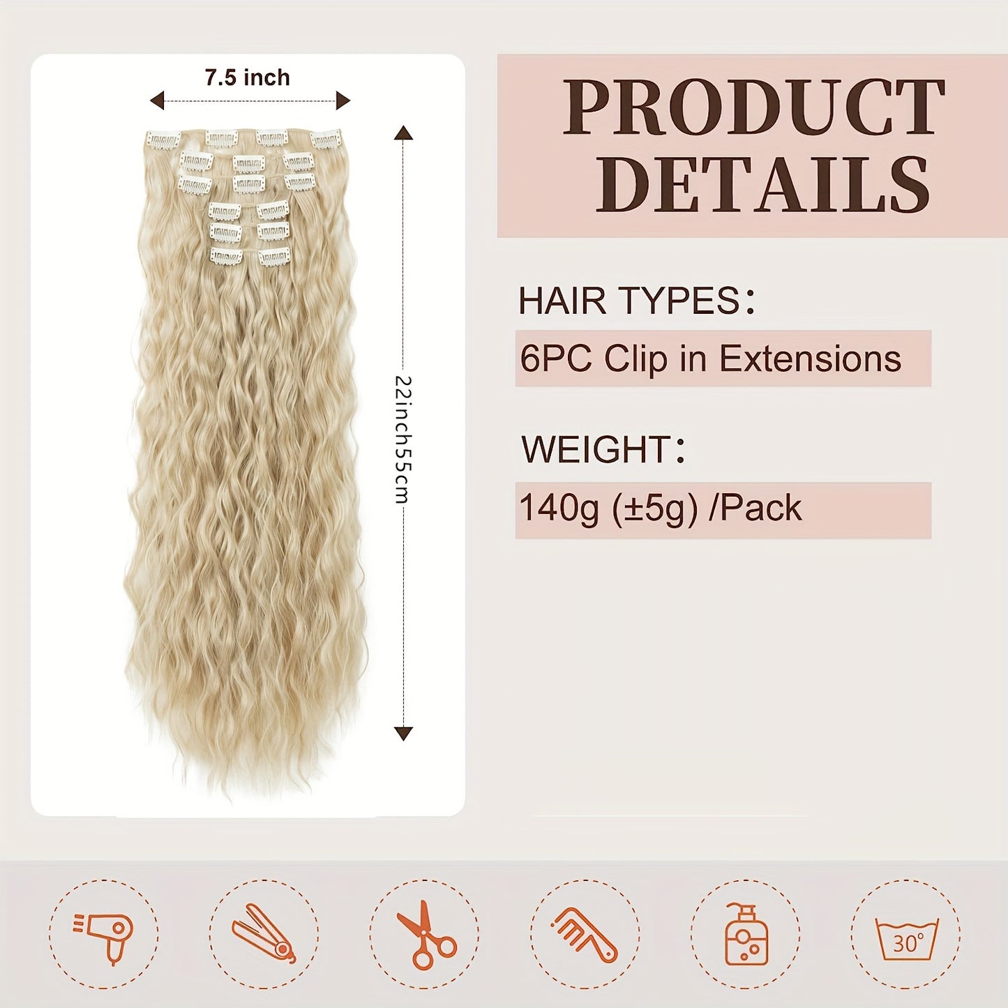 6pcs Clip-in Hair Extensions I6, 55cm Long Mermaid Wavy Synthetic Basics Hairpieces, Jerry Curl Style, for Women