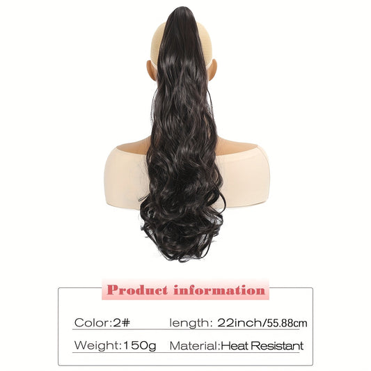 22-Inch Clip-In Ponytail Extensions with Curly Wavy Hair, Made from Heat-Resistant Synthetic Fibers, Featuring a Chocolate Brown And Black Natural Soft And Elastic Wavy Texture, Suitable for Women And Girls for Everyday Wear And Halloween Costume Parties.