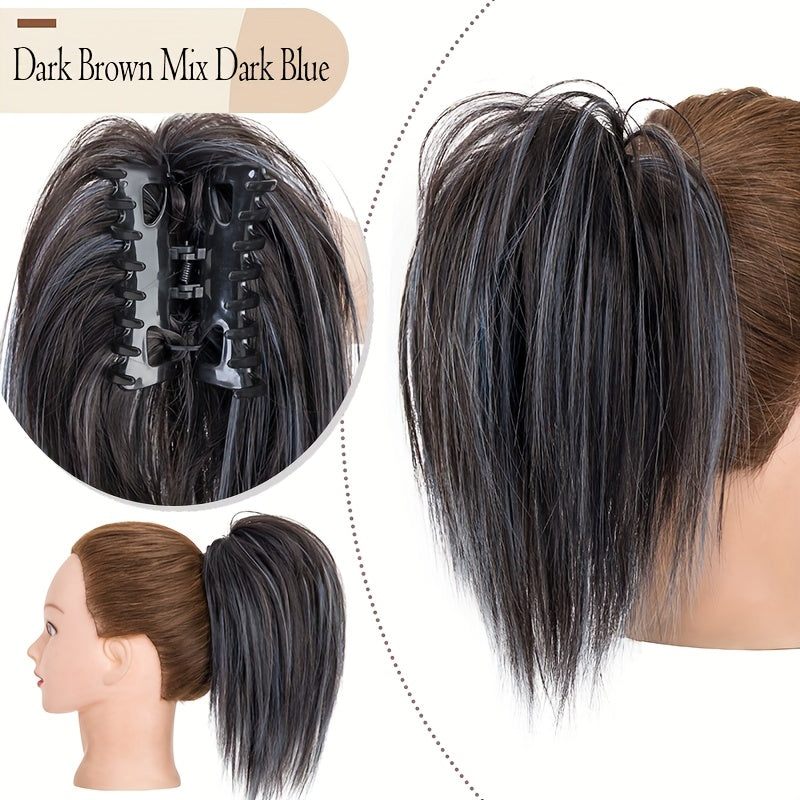 Ponytail Extension 12in/30cm Short Claw Clip On Pony Tails Hair Extensions For Women Girls Synthetic Highlight Soft Fully Natural Straight Bun Hair Piece Fake Ponytails Hairpiece Fluffy Chignon Daily Use