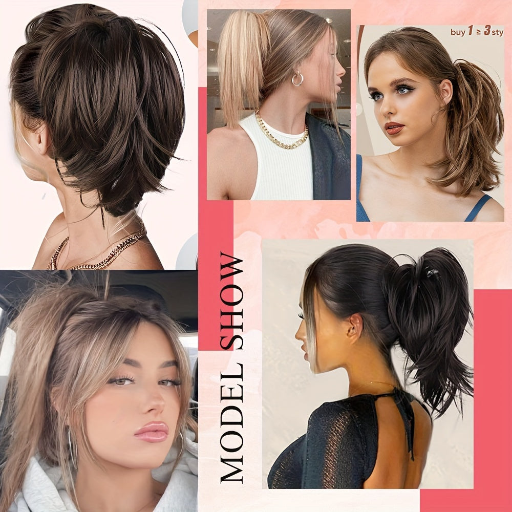 Ponytail Extension 12in/30cm Short Claw Clip On Pony Tails Hair Extensions For Women Girls Synthetic Highlight Soft Fully Natural Straight Bun Hair Piece Fake Ponytails Hairpiece Fluffy Chignon Daily Use