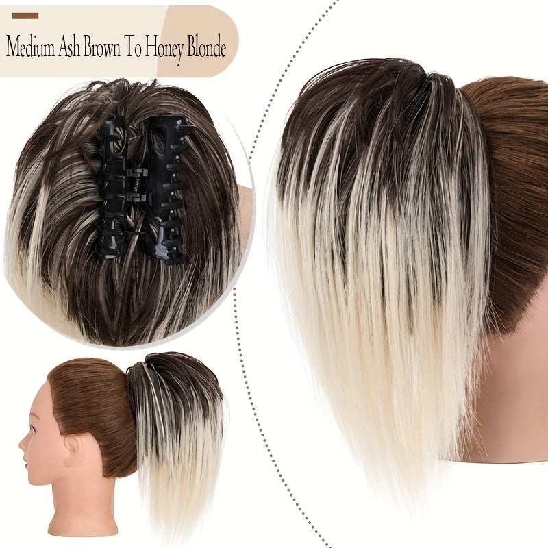 Ponytail Extension 12in/30cm Short Claw Clip On Pony Tails Hair Extensions For Women Girls Synthetic Highlight Soft Fully Natural Straight Bun Hair Piece Fake Ponytails Hairpiece Fluffy Chignon Daily Use