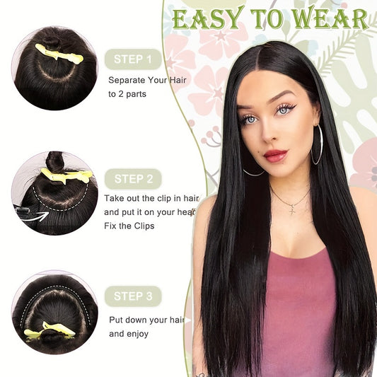 18inch/45cm U-Shaped One Piece Clip In Hair Extensions With 5 Clips X-Thicker 3/4 Full Head Synthetic Long Straight Hairpiece Soft V Shape Hairpieces Add Hair Volume For Women Holiday Cosplay Party Gift Daily