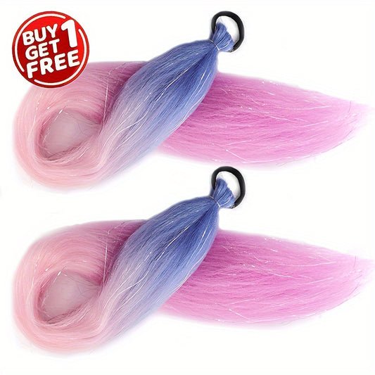 2-Pack 26-Inch Jumbo Braided Ponytail Hair Extensions - Soft Synthetic Straight Hair with Tinsel, Elastic Band, and Natural-Looking Roots for All Occasions, Easy to Wear and Style