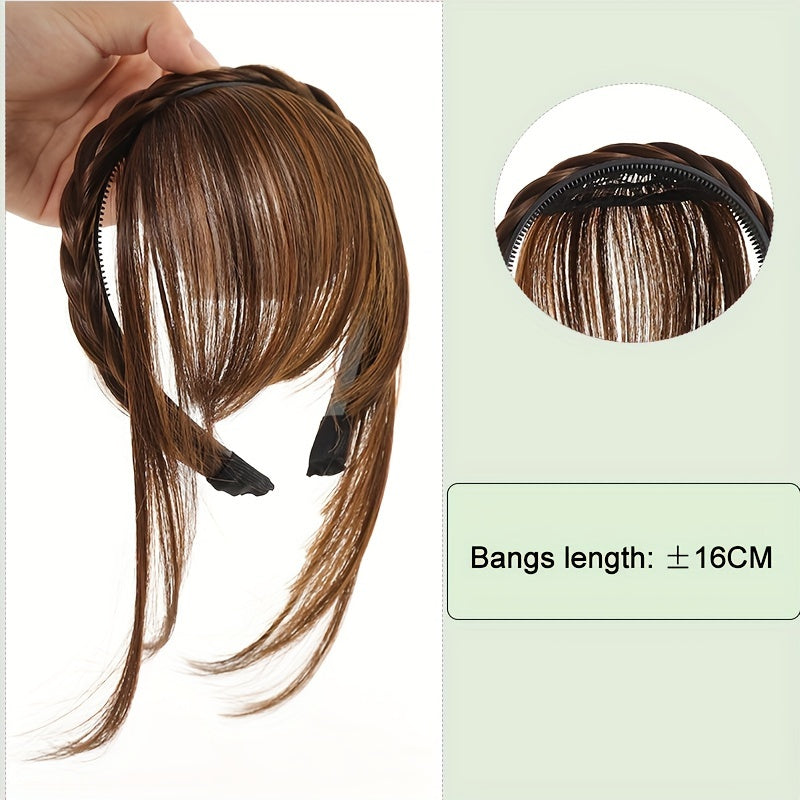 Women's Synthetic Straight Hair Bangs with Braided Headband, Fashion Hairpiece Extension, Universal Fit for All - Basic Style Hair Accessory