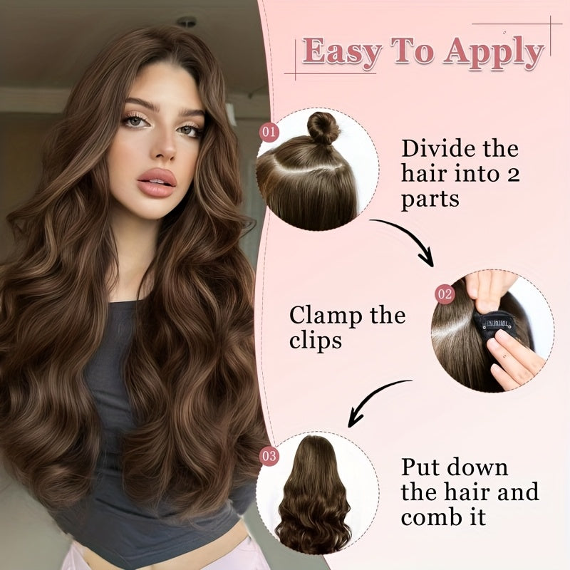 Elegant 20-Inch V-Shaped Clip-On Wig for Women - Long Curly Wavy Hairpiece with 4 Hidden Clips, Natural Look, Multiple Colors (Beige, Brown, Black) - Perfect for Daily Wear & Special Occasions, Versatile Hairpiece, Sleek Hairpiece, Secure Fit Hairpiece