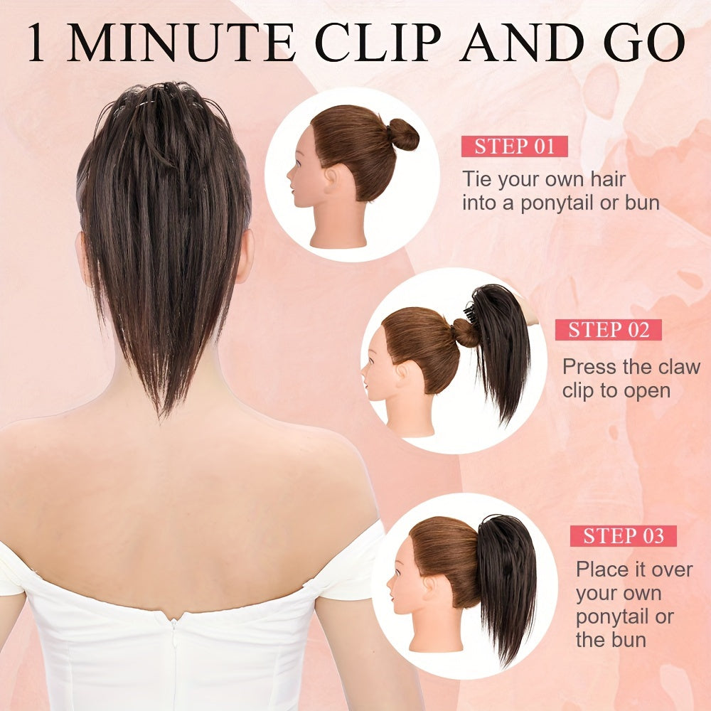 Ponytail Extension 12in/30cm Short Claw Clip On Pony Tails Hair Extensions For Women Girls Synthetic Highlight Soft Fully Natural Straight Bun Hair Piece Fake Ponytails Hairpiece Fluffy Chignon Daily Use