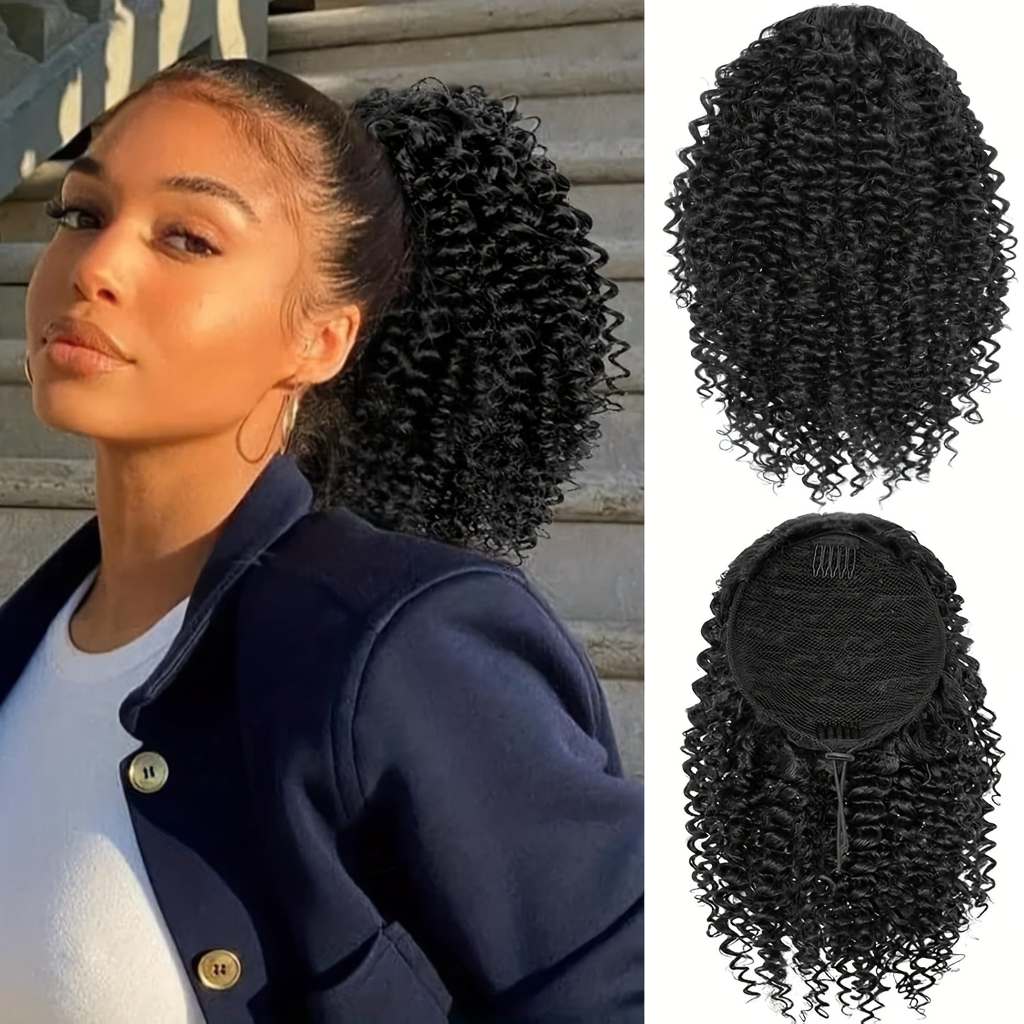 Afro Kinky Curly Ponytail 10inch Short Ponytail Extension (1B+TGREY) 2pcs Drawstring Ponytail for Women Synthetic Hairpieces Jerry Curls Afro Puff Ponytail Extensions