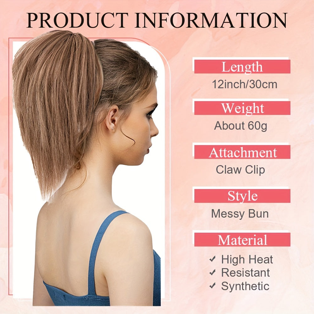 Ponytail Extension 12in/30cm Short Claw Clip On Pony Tails Hair Extensions For Women Girls Synthetic Highlight Soft Fully Natural Straight Bun Hair Piece Fake Ponytails Hairpiece Fluffy Chignon Daily Use