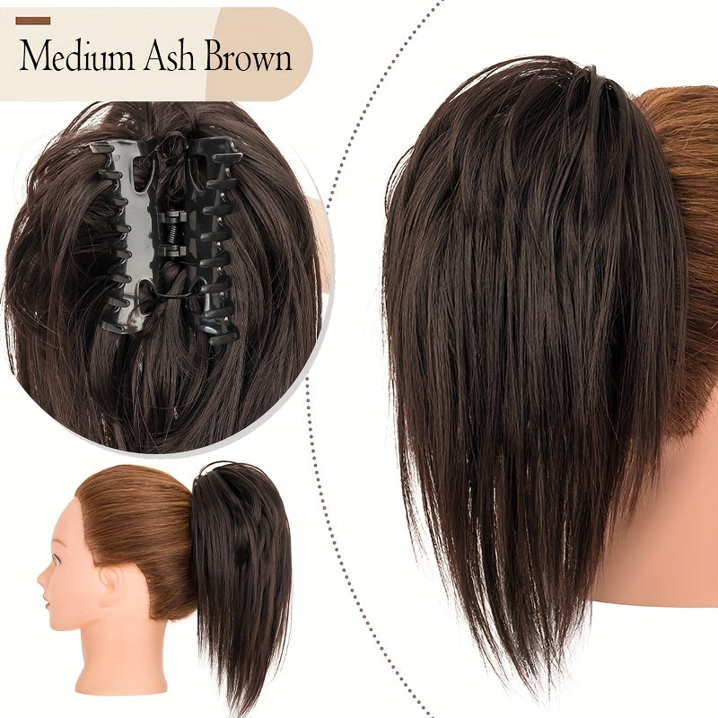 Ponytail Extension 12in/30cm Short Claw Clip On Pony Tails Hair Extensions For Women Girls Synthetic Highlight Soft Fully Natural Straight Bun Hair Piece Fake Ponytails Hairpiece Fluffy Chignon Daily Use