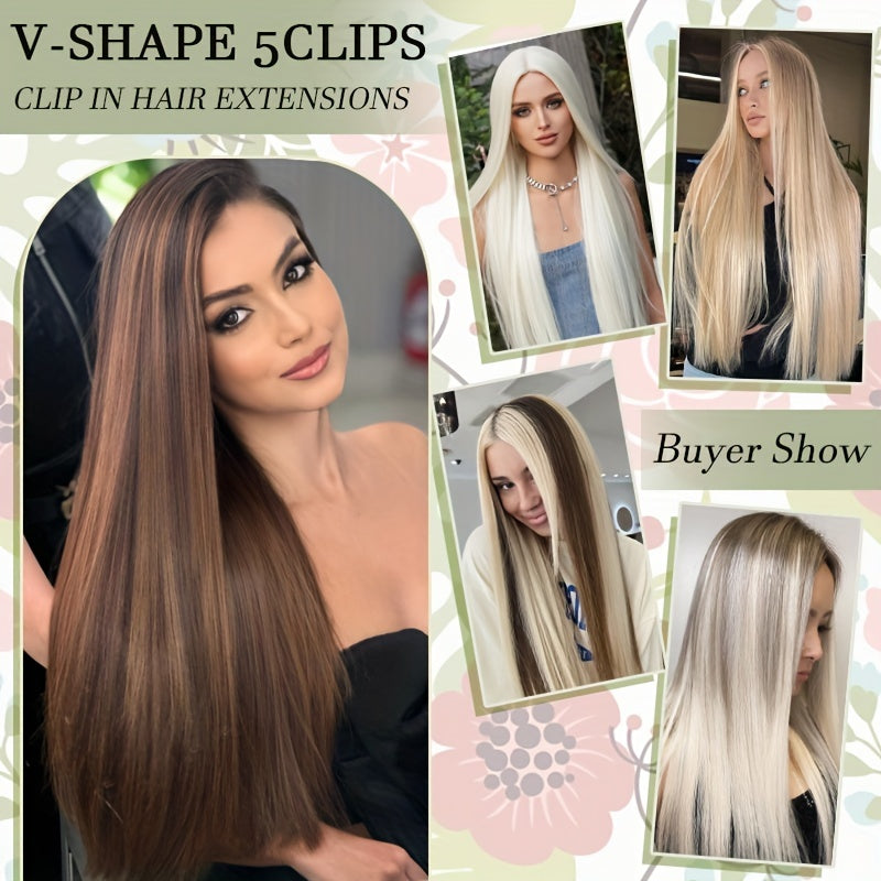 18inch/45cm U-Shaped One Piece Clip In Hair Extensions With 5 Clips X-Thicker 3/4 Full Head Synthetic Long Straight Hairpiece Soft V Shape Hairpieces Add Hair Volume For Women Holiday Cosplay Party Gift Daily