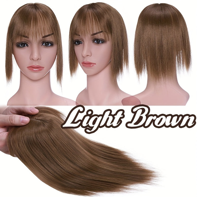 10inch/25cm Hair Toppers Natural Straight Hairpiece With Bangs For Women 100% Soft Toupee Hair 2 Clips Silk Base Clip In Top Synthetic Hair Extensions Hair Pieces For Thinning Hair Wiglets Upgrade Lace Base Topper Festival Cosplay Party Daily Use
