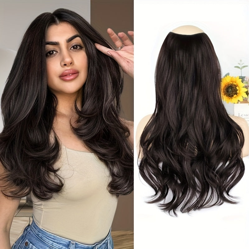 Elegant 20-Inch V-Shaped Clip-On Wig for Women - Long Curly Wavy Hairpiece with 4 Hidden Clips, Natural Look, Multiple Colors (Beige, Brown, Black) - Perfect for Daily Wear & Special Occasions, Versatile Hairpiece, Sleek Hairpiece, Secure Fit Hairpiece