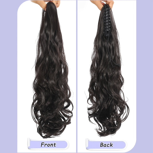 22-Inch Clip-In Ponytail Extensions with Curly Wavy Hair, Made from Heat-Resistant Synthetic Fibers, Featuring a Chocolate Brown And Black Natural Soft And Elastic Wavy Texture, Suitable for Women And Girls for Everyday Wear And Halloween Costume Parties.