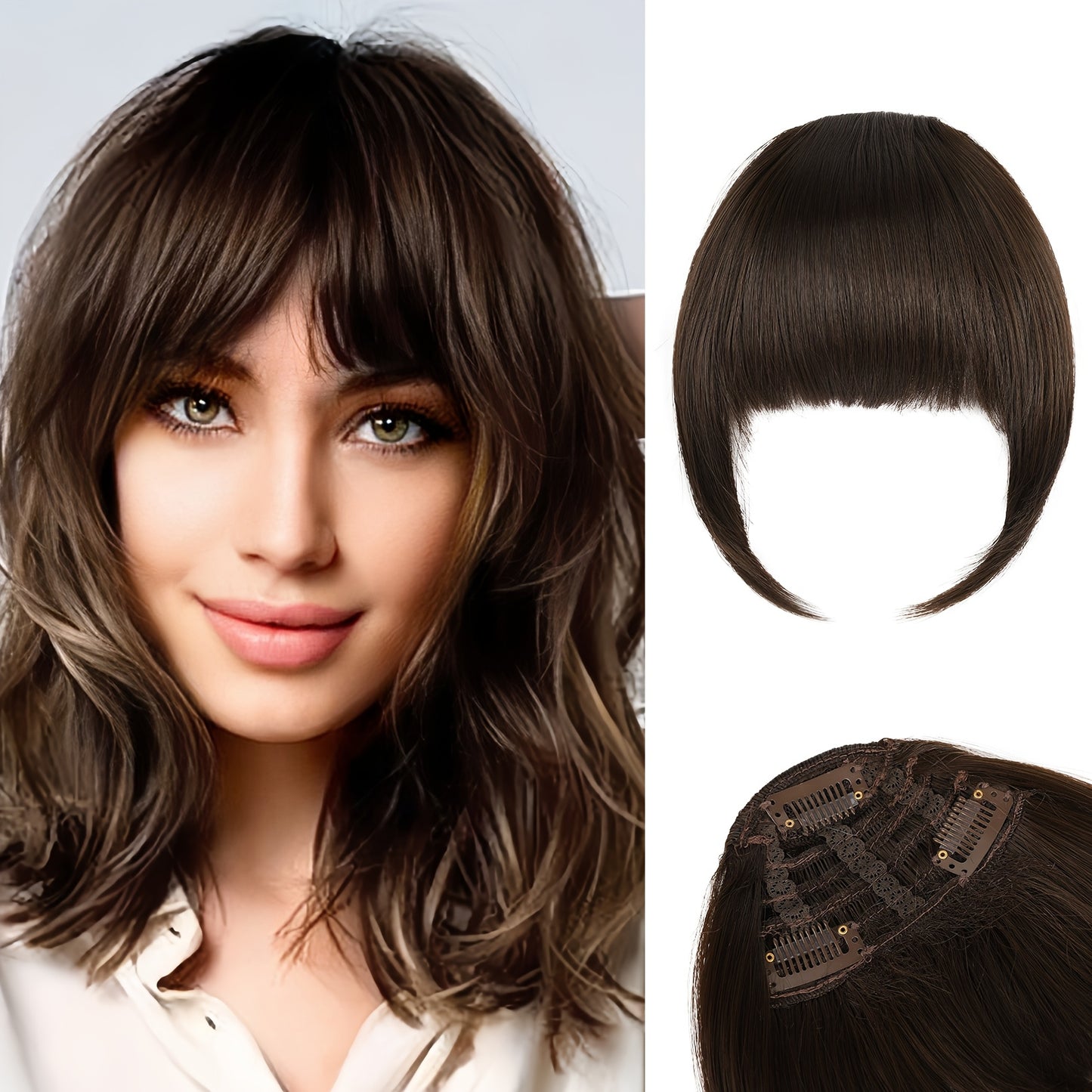 Women's Clip-In Bangs - Natural Look Fake Bangs Extensions with Temples, Easy to Use No Glue Needed, Straight Hairstyle, for Everyday & Special Events - Salon-Quality Fringe Hairpiece, Glossy Finish
