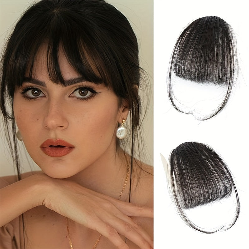 Easy Clip-In Wispy Bangs with Temples - Natural Black, Straight Hairpieces for Women & Girls, Perfect for Casual Attire