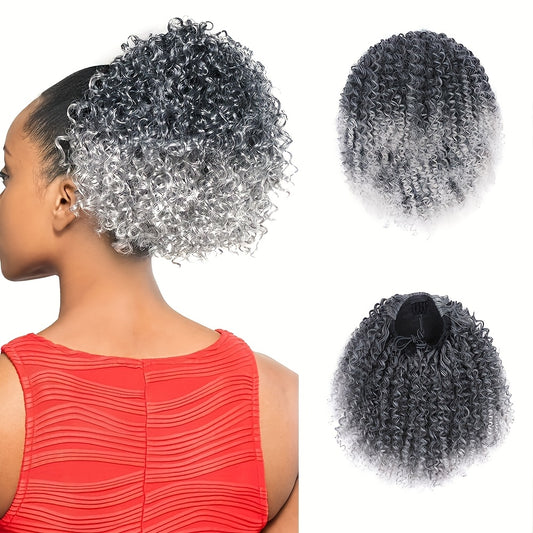 Afro Kinky Curly Ponytail 10inch Short Ponytail Extension (1B+TGREY) 2pcs Drawstring Ponytail for Women Synthetic Hairpieces Jerry Curls Afro Puff Ponytail Extensions
