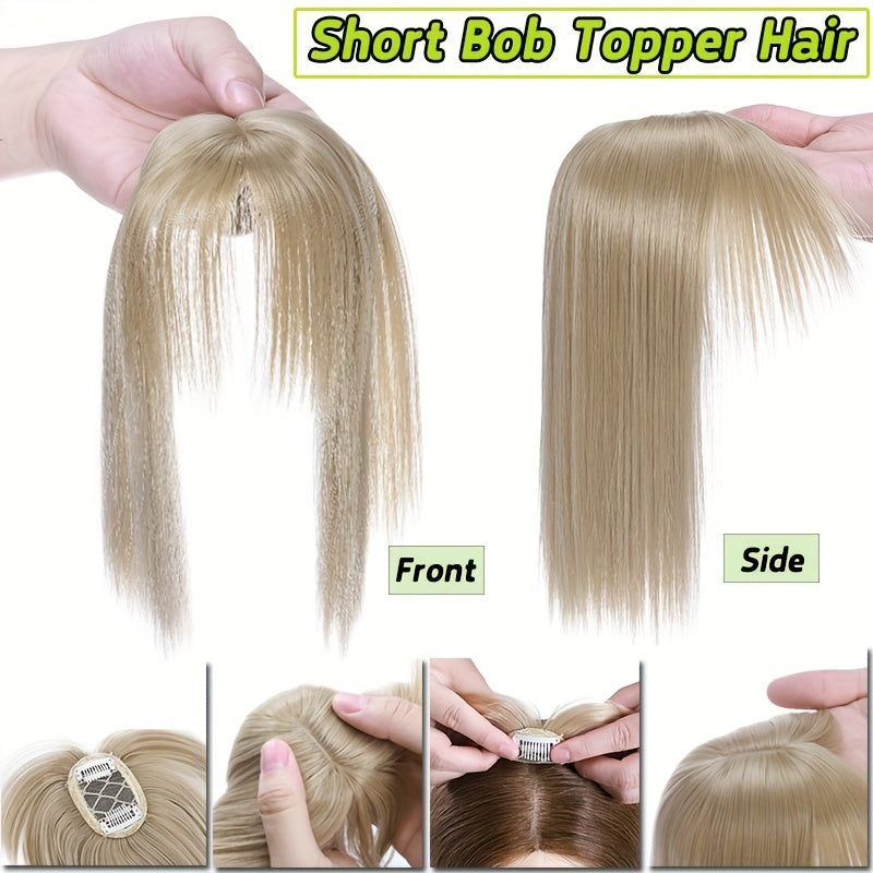 10inch/25cm Hair Toppers Natural Straight Hairpiece With Bangs For Women 100% Soft Toupee Hair 2 Clips Silk Base Clip In Top Synthetic Hair Extensions Hair Pieces For Thinning Hair Wiglets Upgrade Lace Base Topper Festival Cosplay Party Daily Use
