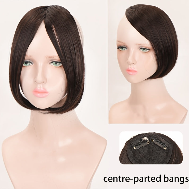 1pc Women’s Synthetic Straight Bangs Wig - Heat-Resistant, Center Parted Fake Fringe in Dark Brown for Everyday Style, Short Hair Wigs