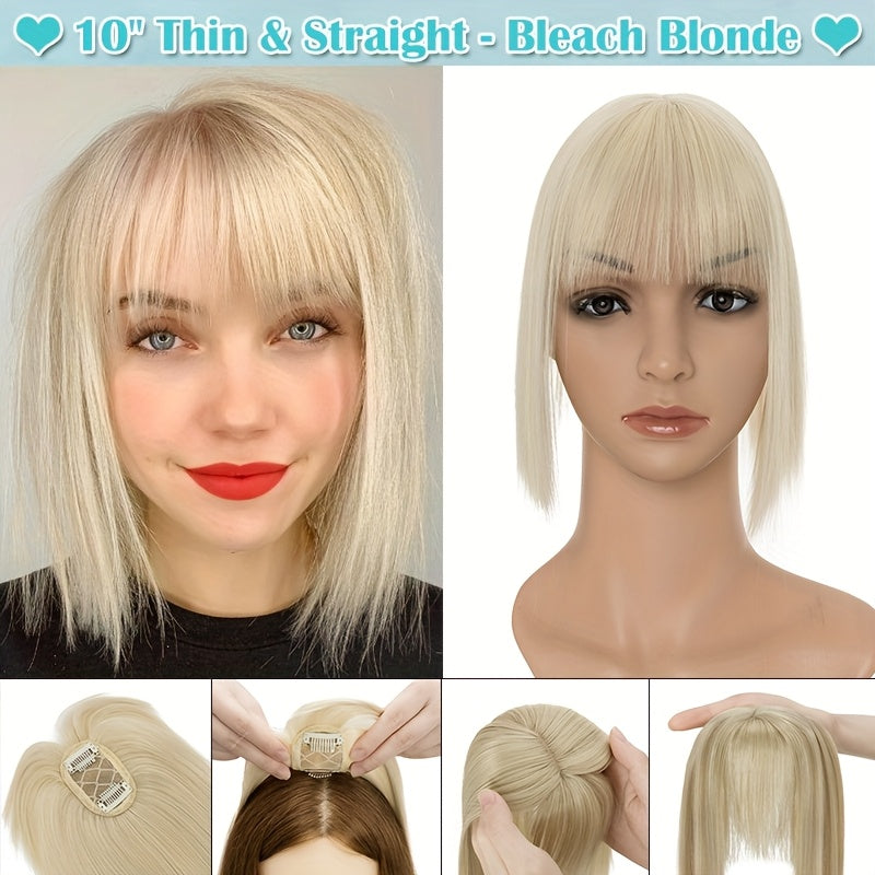 10inch/25cm Hair Toppers Natural Straight Hairpiece With Bangs For Women 100% Soft Toupee Hair 2 Clips Silk Base Clip In Top Synthetic Hair Extensions Hair Pieces For Thinning Hair Wiglets Upgrade Lace Base Topper Festival Cosplay Party Daily Use