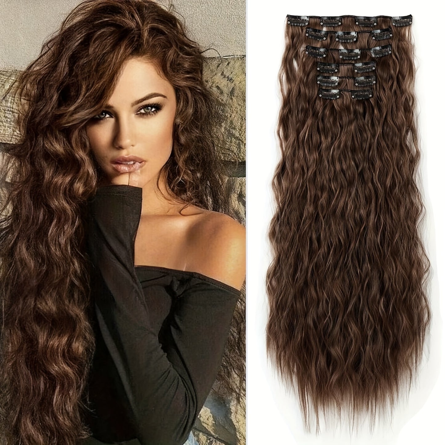 6pcs Clip-in Hair Extensions I6, 55cm Long Mermaid Wavy Synthetic Basics Hairpieces, Jerry Curl Style, for Women