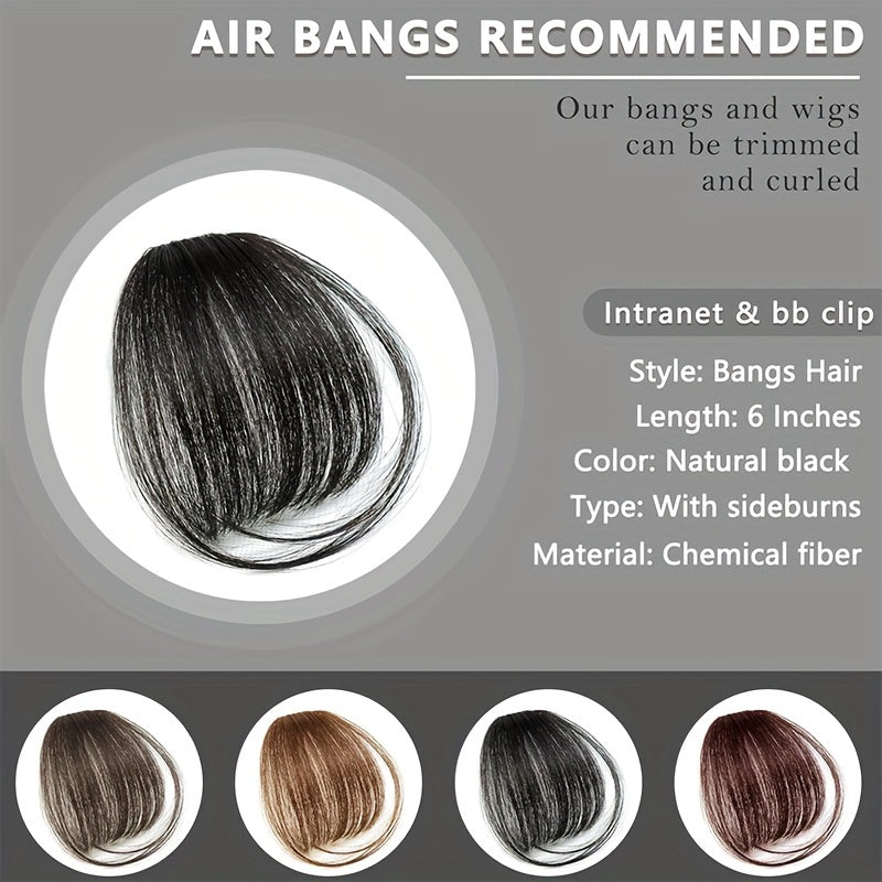 Easy Clip-In Wispy Bangs with Temples - Natural Black, Straight Hairpieces for Women & Girls, Perfect for Casual Attire