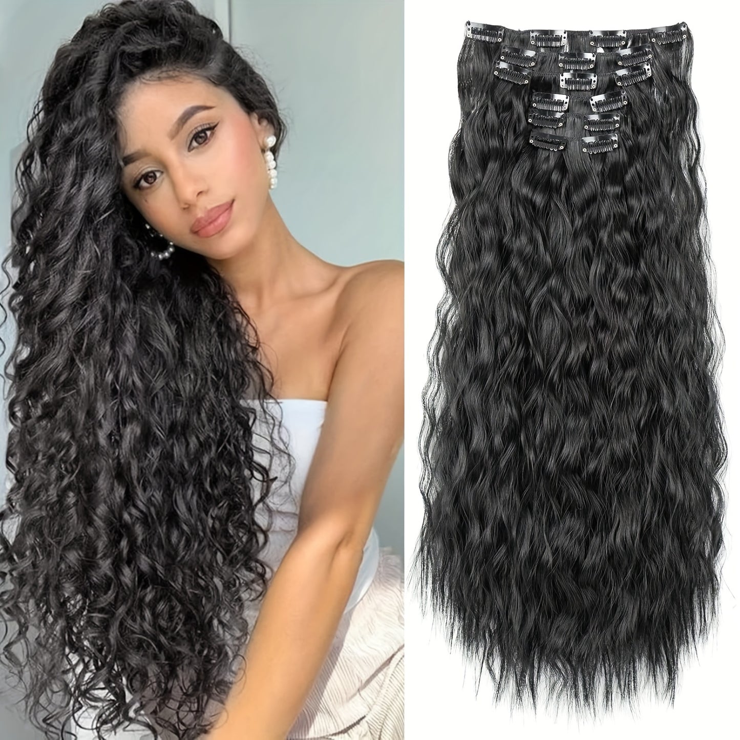 6pcs Clip-in Hair Extensions I6, 55cm Long Mermaid Wavy Synthetic Basics Hairpieces, Jerry Curl Style, for Women