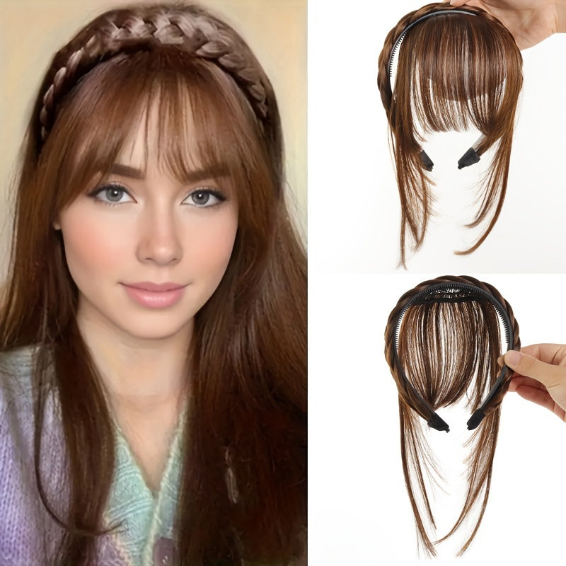 Women's Synthetic Straight Hair Bangs with Braided Headband, Fashion Hairpiece Extension, Universal Fit for All - Basic Style Hair Accessory