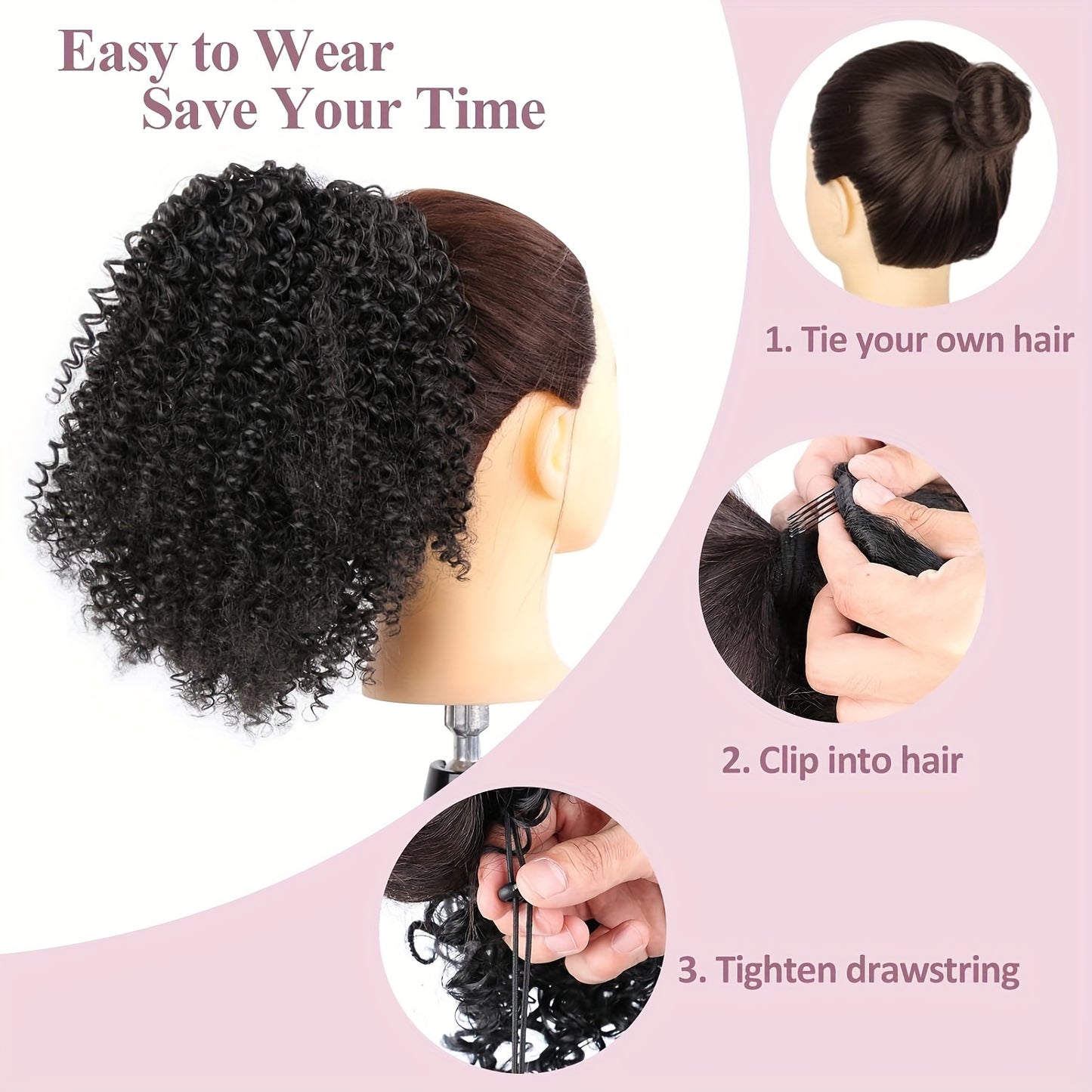 Afro Kinky Curly Ponytail 10inch Short Ponytail Extension (1B+TGREY) 2pcs Drawstring Ponytail for Women Synthetic Hairpieces Jerry Curls Afro Puff Ponytail Extensions