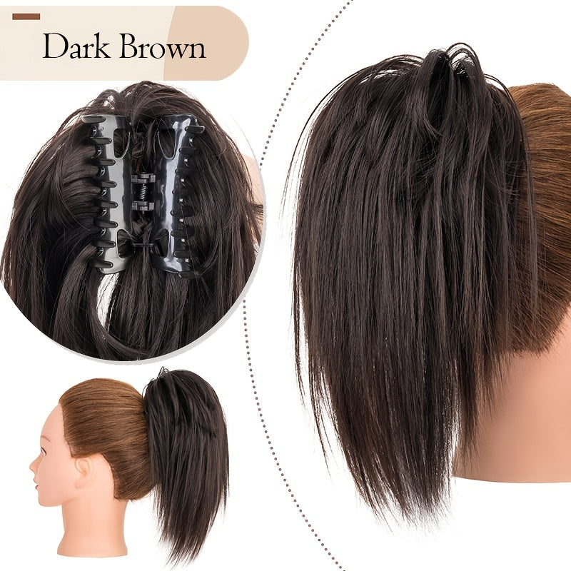 Ponytail Extension 12in/30cm Short Claw Clip On Pony Tails Hair Extensions For Women Girls Synthetic Highlight Soft Fully Natural Straight Bun Hair Piece Fake Ponytails Hairpiece Fluffy Chignon Daily Use