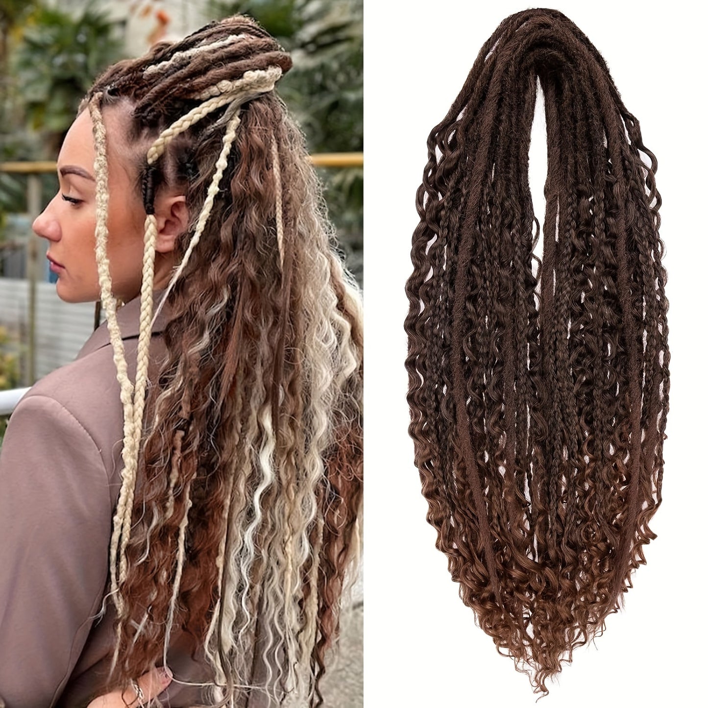 [ELIZA Braids] ELIZA Handmade 24-Inch Synthetic Fiber Double Tail Braided Hair Extensions | Curly Wave Style, Mixed Braids, 15 Strands per Pack for Women
