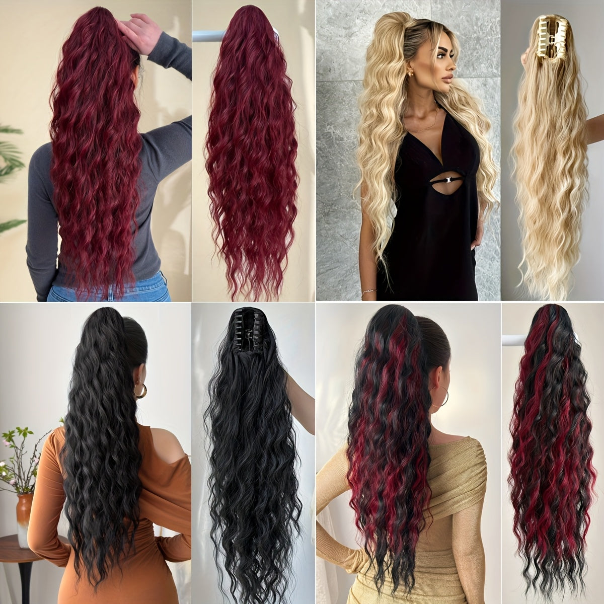 Ponytail Extension Drawstring Clip in Hair Extensions 28 inch Long Wave Synthetic Hairpiece wine red