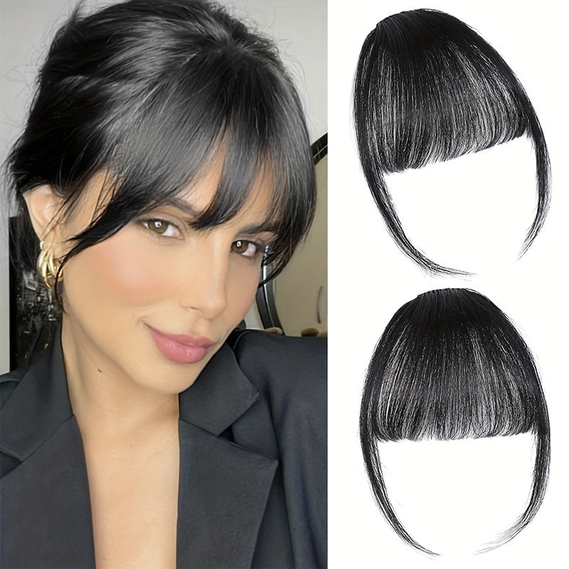 Easy Clip-In Wispy Bangs with Temples - Natural Black, Straight Hairpieces for Women & Girls, Perfect for Casual Attire