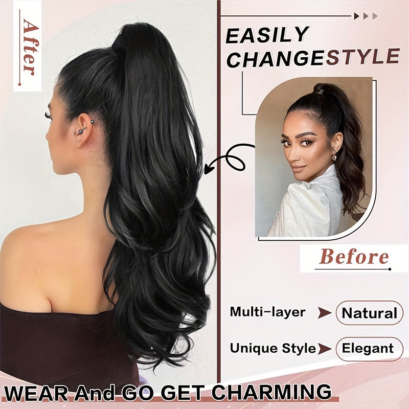 22inch/55cm Drawstring Ponytail Extension Multi-Layered Hairpieces Stand Up High Pony Tails Long Straight To Curly Hair Extensions With Mini-clip Wrap On Ponytails Pure Highlight Soft Natural Synthetic Hairpiece For Daily Party Halloween Christmas