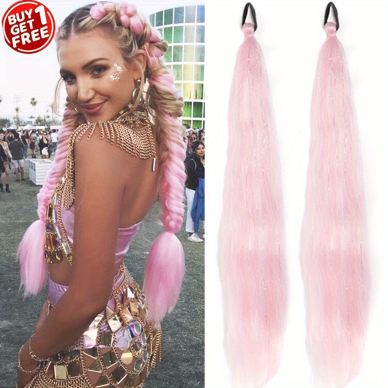 2-Pack 26-Inch Jumbo Braided Ponytail Hair Extensions - Soft Synthetic Straight Hair with Tinsel, Elastic Band, and Natural-Looking Roots for All Occasions, Easy to Wear and Style