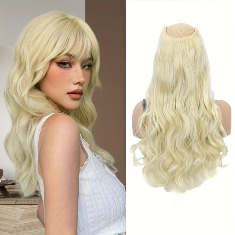 Elegant 20-Inch V-Shaped Clip-On Wig for Women - Long Curly Wavy Hairpiece with 4 Hidden Clips, Natural Look, Multiple Colors (Beige, Brown, Black) - Perfect for Daily Wear & Special Occasions, Versatile Hairpiece, Sleek Hairpiece, Secure Fit Hairpiece