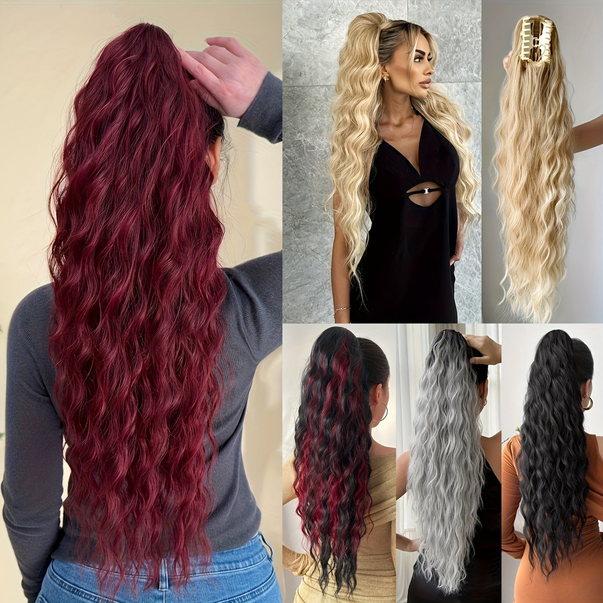 Ponytail Extension Drawstring Clip in Hair Extensions 28 inch Long Wave Synthetic Hairpiece wine red