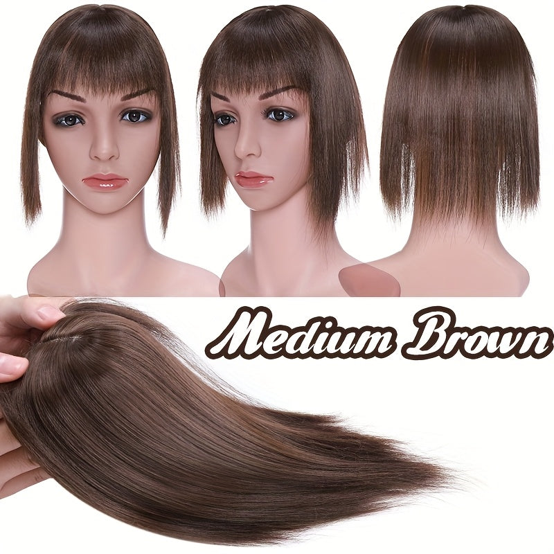 10inch/25cm Hair Toppers Natural Straight Hairpiece With Bangs For Women 100% Soft Toupee Hair 2 Clips Silk Base Clip In Top Synthetic Hair Extensions Hair Pieces For Thinning Hair Wiglets Upgrade Lace Base Topper Festival Cosplay Party Daily Use