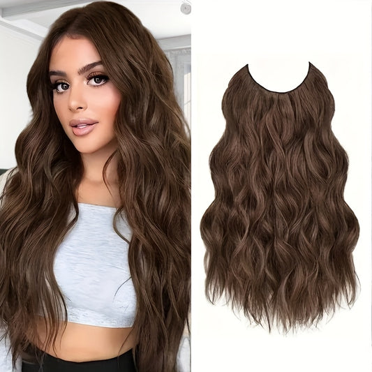 Elegant 20-Inch V-Shaped Clip-On Wig for Women - Long Curly Wavy Hairpiece with 4 Hidden Clips, Natural Look, Multiple Colors (Beige, Brown, Black) - Perfect for Daily Wear & Special Occasions, Versatile Hairpiece, Sleek Hairpiece, Secure Fit Hairpiece