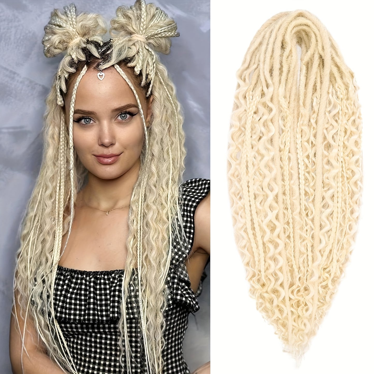 [ELIZA Braids] ELIZA Handmade 24-Inch Synthetic Fiber Double Tail Braided Hair Extensions | Curly Wave Style, Mixed Braids, 15 Strands per Pack for Women