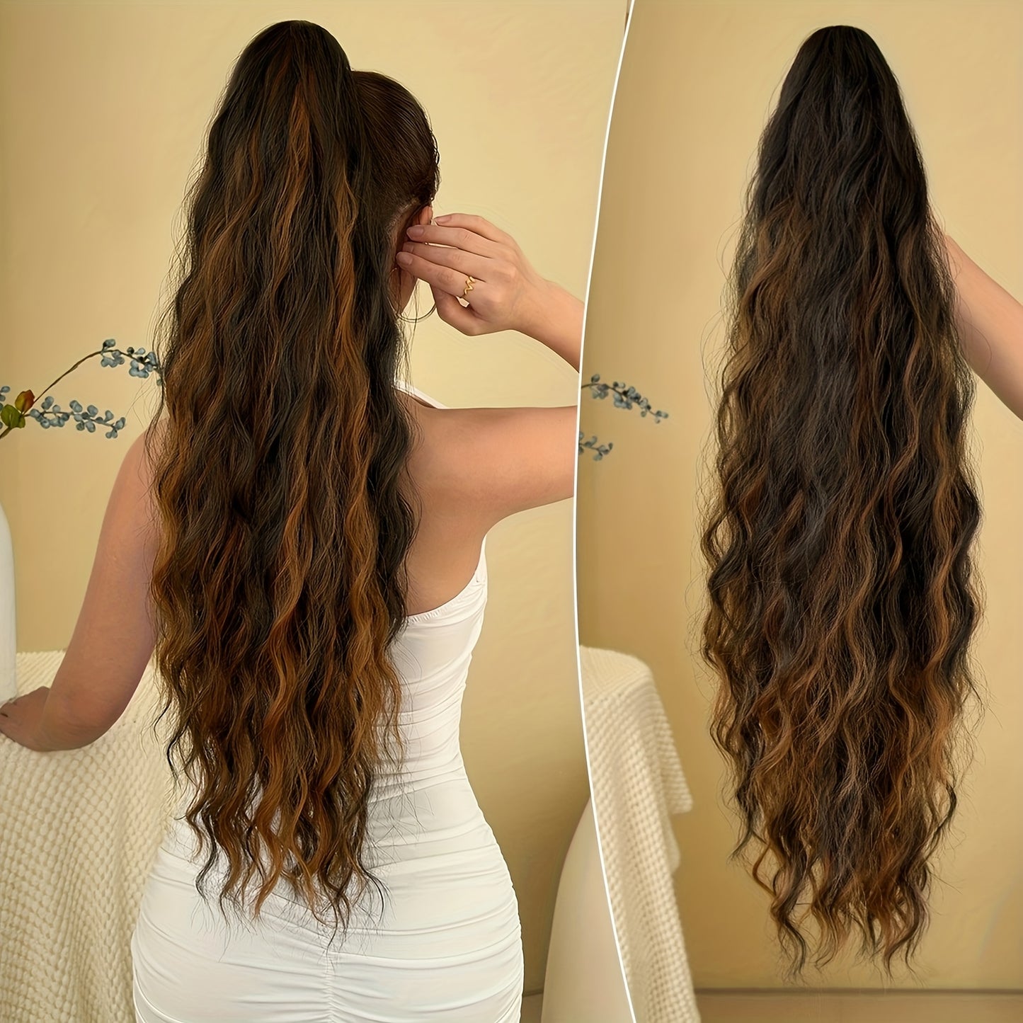 Ponytail Extension Drawstring Clip in Hair Extensions 28 inch Long Wave Synthetic Hairpiece wine red