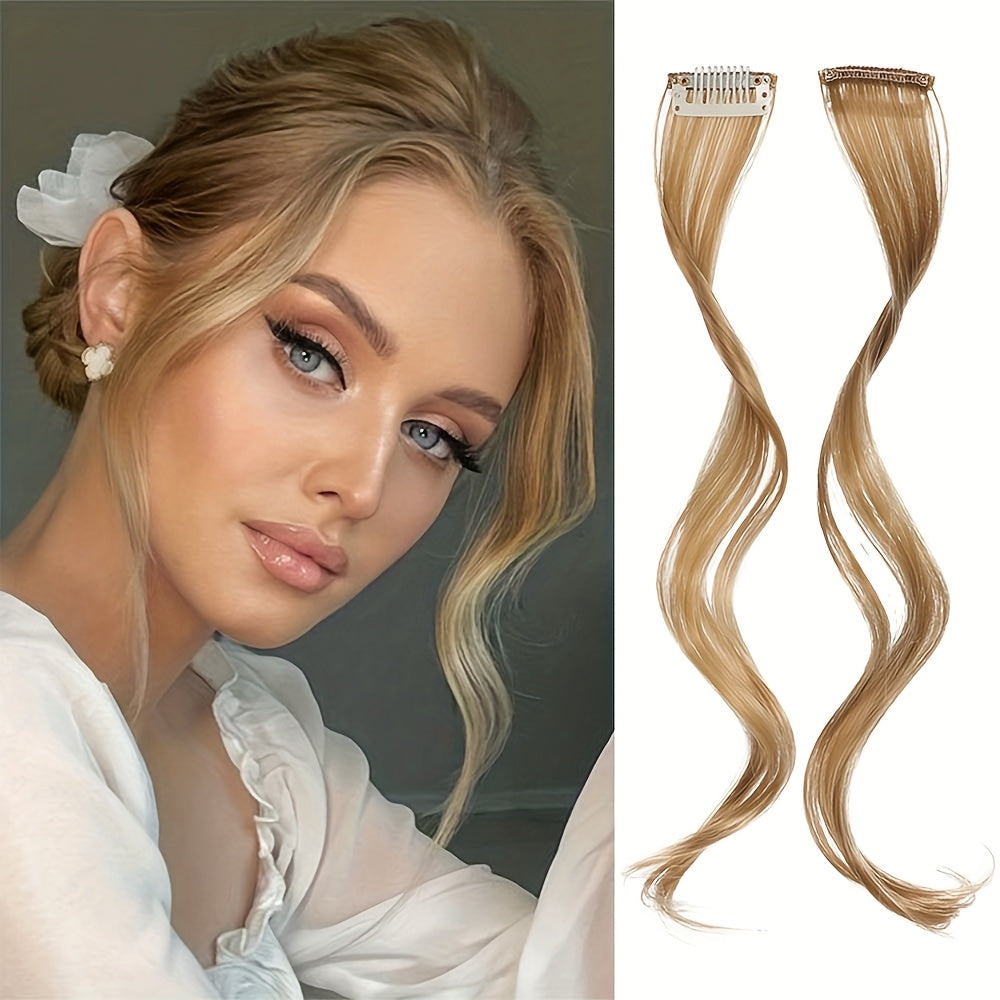 16-Inch Two-Piece Clip Synthetic Bangs Wig Pieces - Wavy Texture Natural Styling Long Side Tassel Hair Extension, Elegant Style, Suitable for Women'S Daily Wear, Wedding Party, Themed Party, Festival Celebration