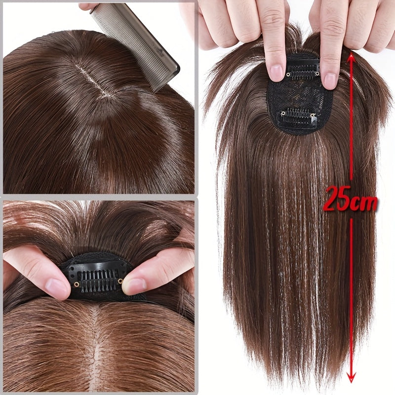 10inch/25cm Hair Toppers Natural Straight Hairpiece With Bangs For Women 100% Soft Toupee Hair 2 Clips Silk Base Clip In Top Synthetic Hair Extensions Hair Pieces For Thinning Hair Wiglets Upgrade Lace Base Topper Festival Cosplay Party Daily Use