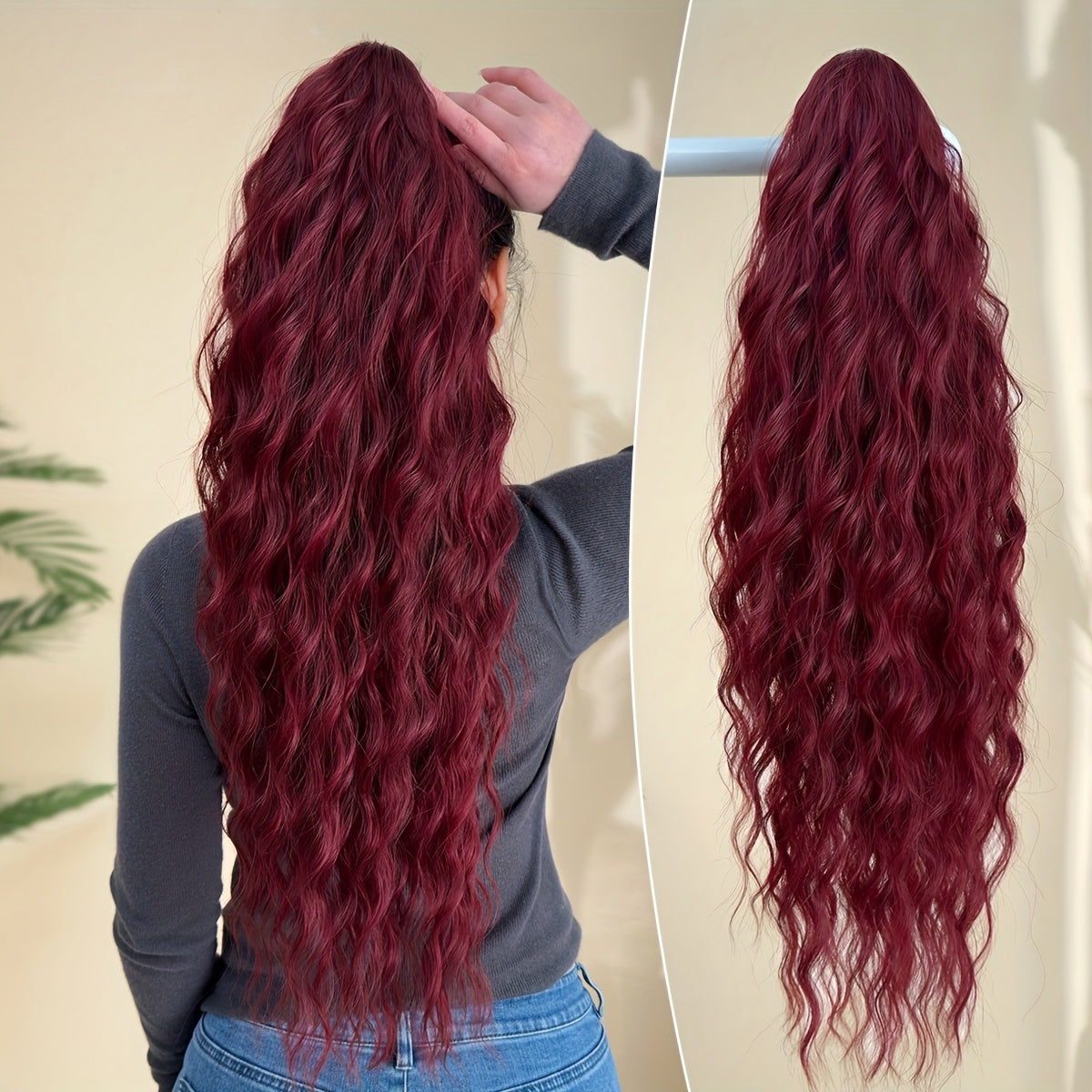 Ponytail Extension Drawstring Clip in Hair Extensions 28 inch Long Wave Synthetic Hairpiece wine red