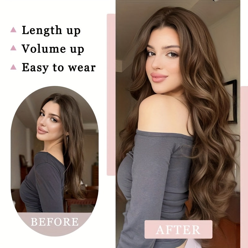 Elegant 20-Inch V-Shaped Clip-On Wig for Women - Long Curly Wavy Hairpiece with 4 Hidden Clips, Natural Look, Multiple Colors (Beige, Brown, Black) - Perfect for Daily Wear & Special Occasions, Versatile Hairpiece, Sleek Hairpiece, Secure Fit Hairpiece