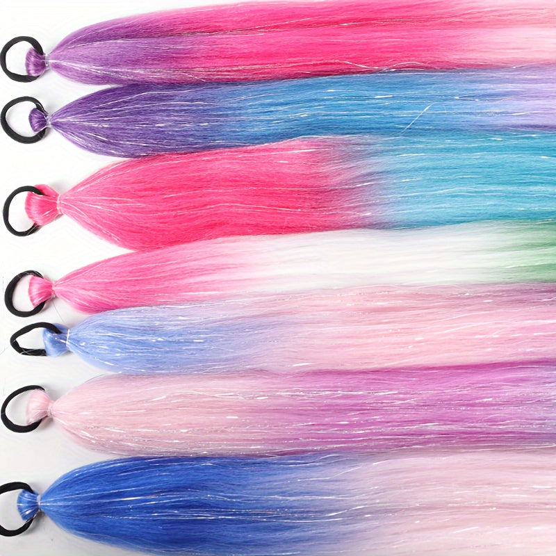2-Pack 26-Inch Jumbo Braided Ponytail Hair Extensions - Soft Synthetic Straight Hair with Tinsel, Elastic Band, and Natural-Looking Roots for All Occasions, Easy to Wear and Style