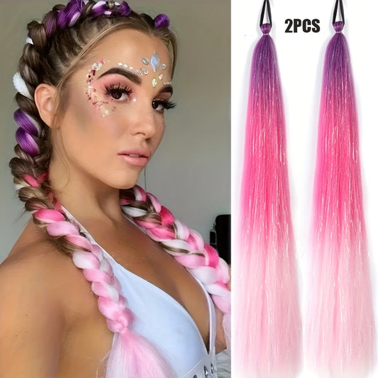 2-Pack 26-Inch Jumbo Braided Ponytail Hair Extensions - Soft Synthetic Straight Hair with Tinsel, Elastic Band, and Natural-Looking Roots for All Occasions, Easy to Wear and Style