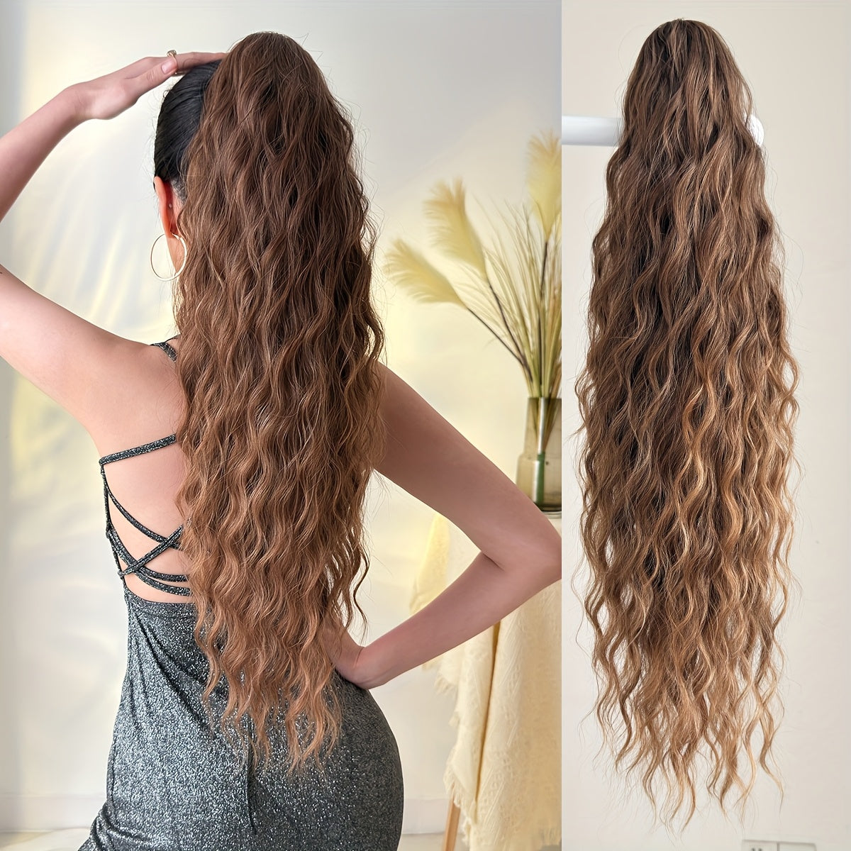Ponytail Extension Drawstring Clip in Hair Extensions 28 inch Long Wave Synthetic Hairpiece wine red