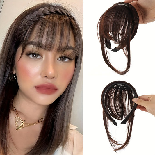 Women's Synthetic Straight Hair Bangs with Braided Headband, Fashion Hairpiece Extension, Universal Fit for All - Basic Style Hair Accessory